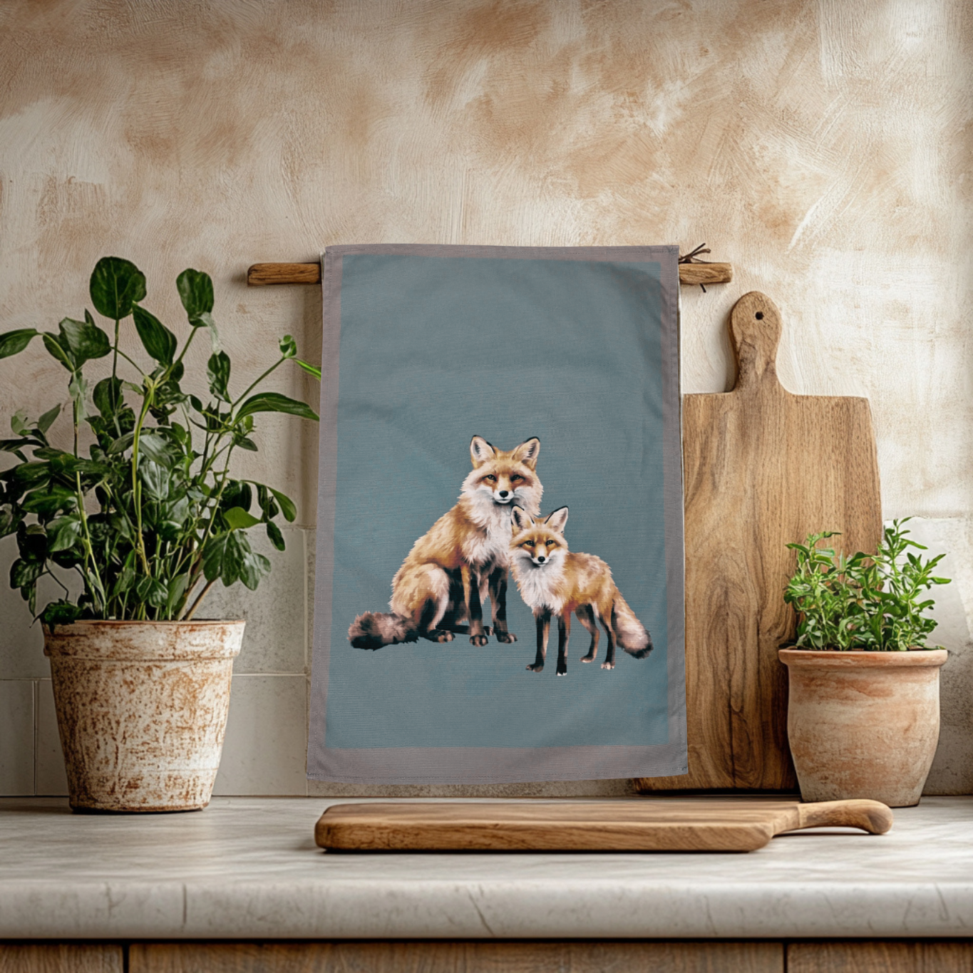Fox Tea Towel Kitchen Lifestyle Shot - British Made - Quirky Gift