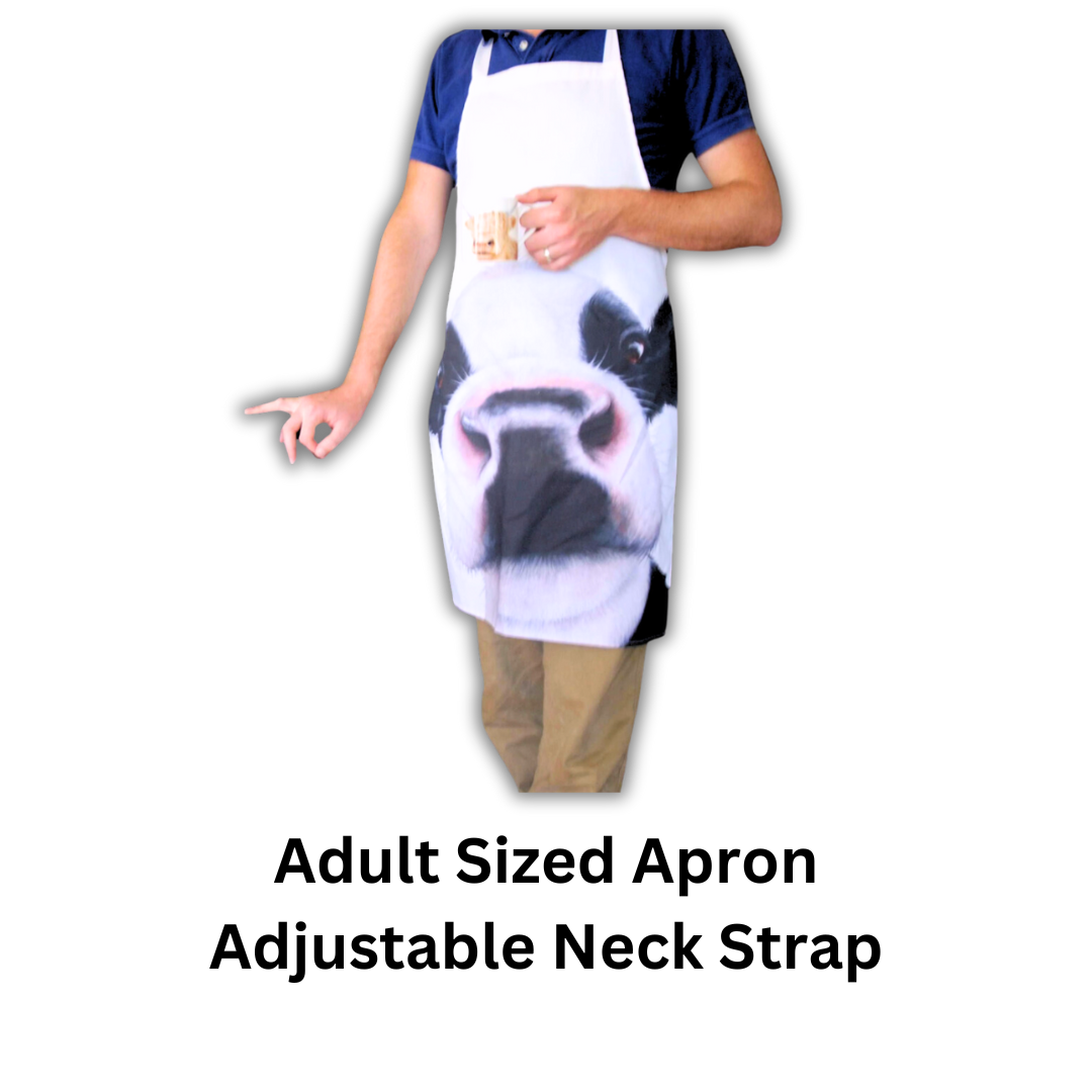 Friesian Black & White Cow Apron worn by man on white background with text beneath which reads "adult sized apron, adjustable neck strap".