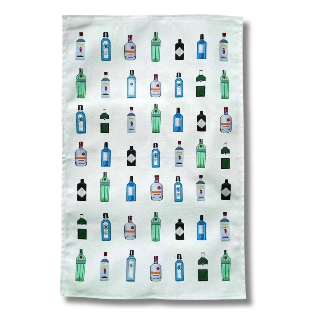 White Gin Tea Towel on white background.