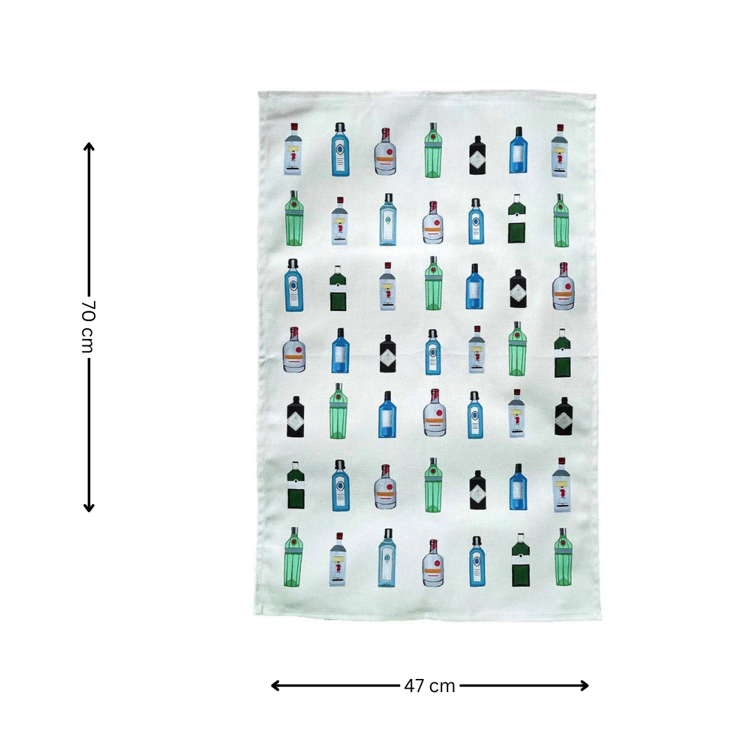 White Gin Tea Towel on white background with black arrows indicating the measurement 70 cm x 47 cm.  