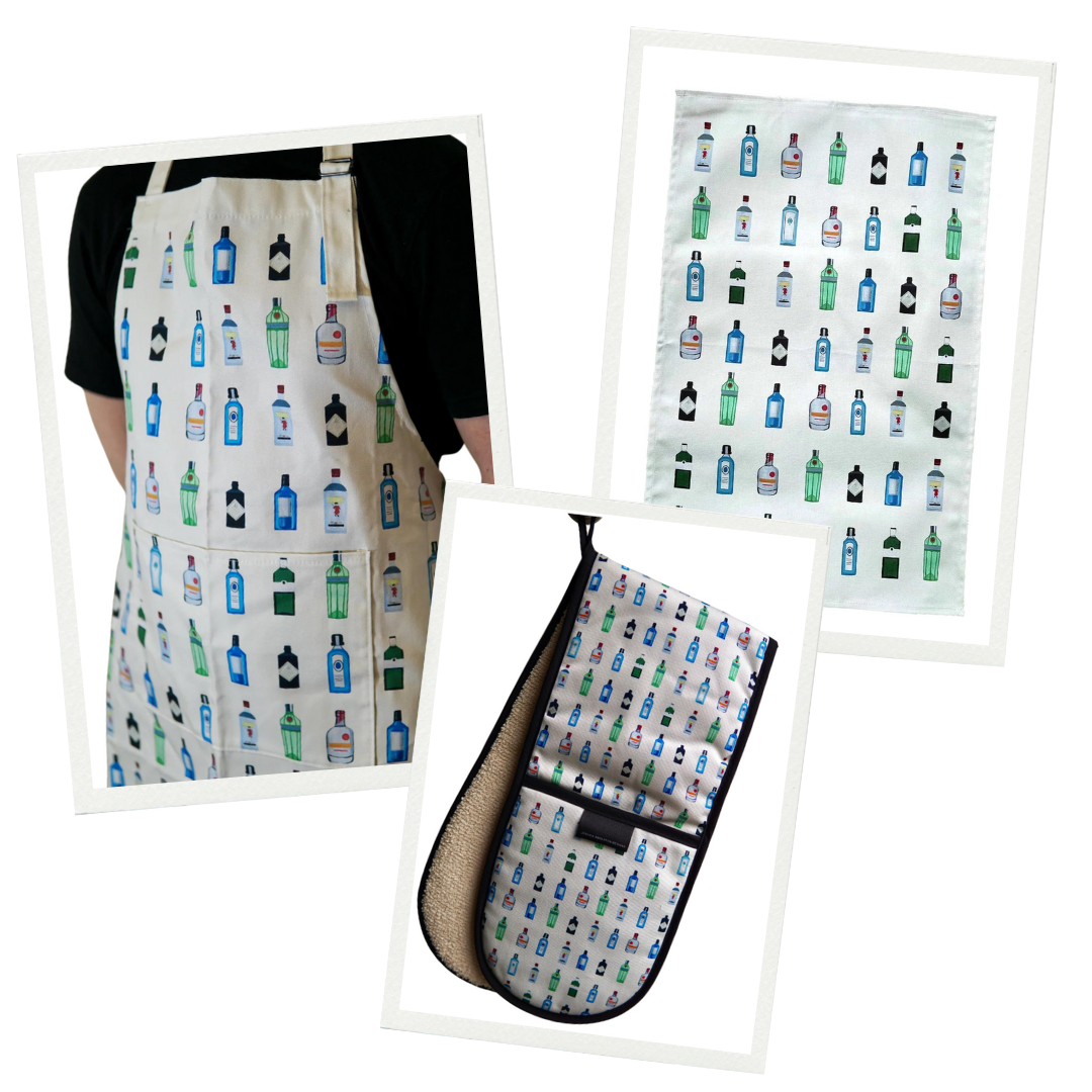 Gin Lover's Kitchen Set - Gin Apron, Gin Tea Towel and Gin Double Oven Gloves, in frames on white background.