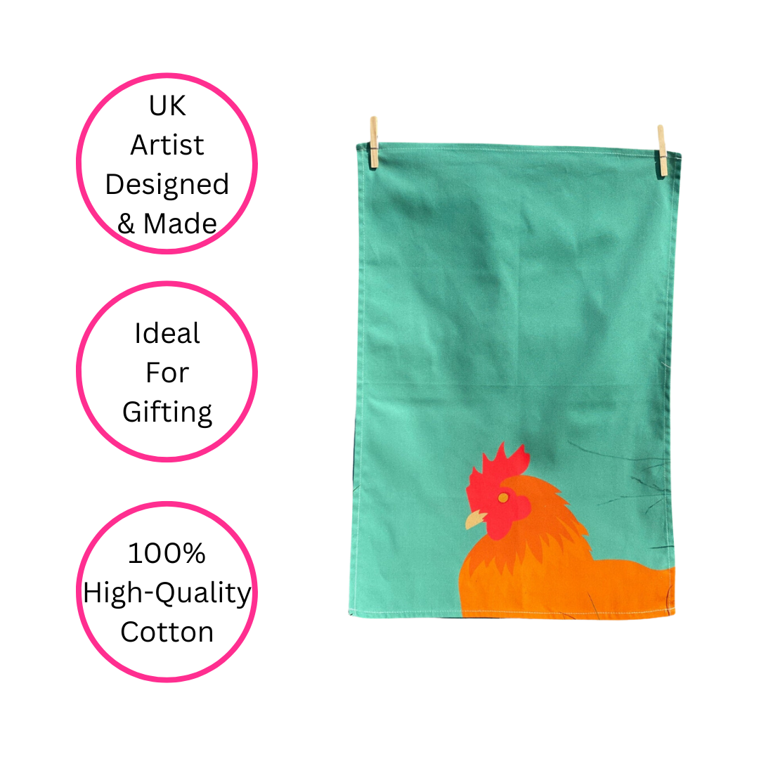 Green Chicken Tea Towel hanging by pegs on white background with three pink discs highlighting the benefits - UK artist designed & made, ideal for gifting and 100% High-Quality Cotton