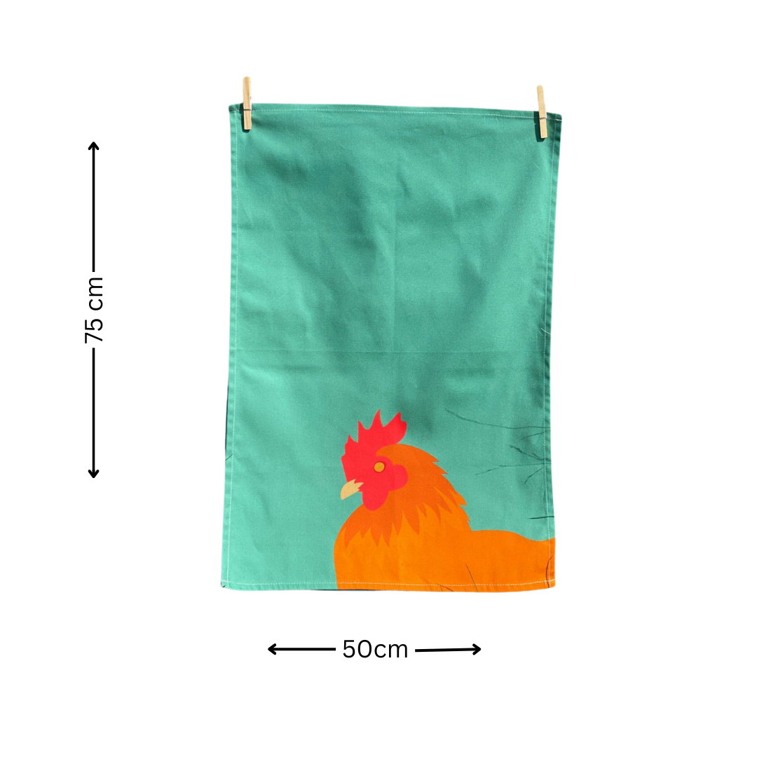 Green Chicken Tea Towel hanging by pegs on white background with black arrows and text to indicate measurements of 75 cm x 50 cm.