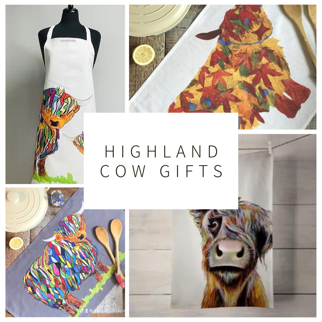 Collage of Highland Cow Gifts and Homeware comprising of Bright Highland Cow Apron on white, Autumn Leaf Highland Cow Tea Towel, Bright Highland Cow Tea Towel on Grey and Bad Hair Highland Cow Tea Towel with text which reads "Highland Cow Gifts". 