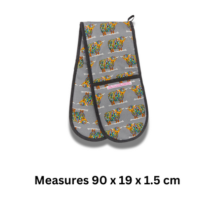 Repeat Bright Highland Cow Double Oven Glove On Grey - 90 Cm X 19 Cm X 1.5 Cm - Gift Idea