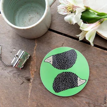 Melamine Green Hedgehog Coaster (round) - Alternate Angle - Homeware Gift