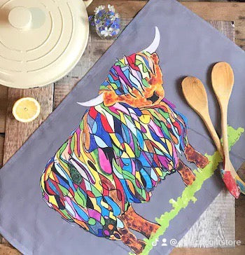 Bright Highland Cow Tea Towel On Grey - Alternate Angle - Homeware Gift