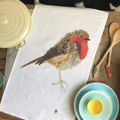Gift Boxed 100% Cotton Robin Redbreast Tea Towel - Alternate Angle - Homeware Gift