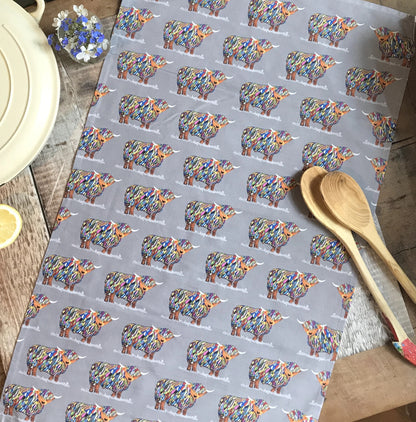 Repeat Bright Highland Cow Tea Towel On Grey - Alternate Angle - Homeware Gift