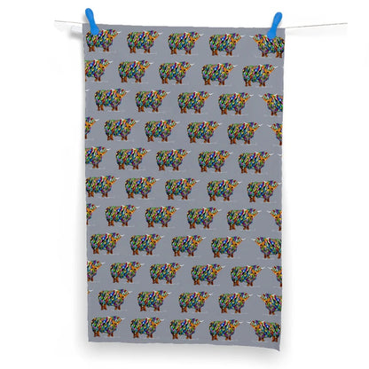 Repeat Bright Highland Cow Tea Towel On Grey - Front View - A Joyful Addition To Any Kitchen