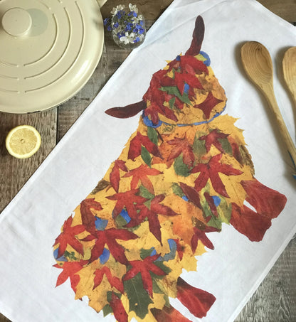 Autumn Leaf Highland Cow Tea Towel - Alternate Angle - Homeware Gift
