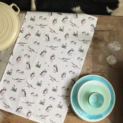 Multiple Puffin Tea Towel (repeat) - Alternate Angle - Homeware Gift
