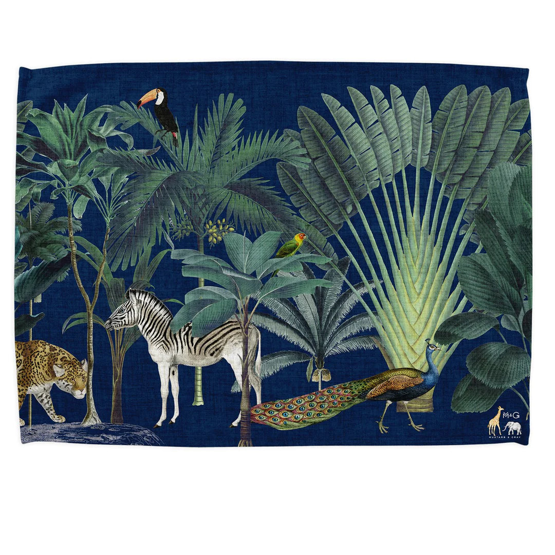 Menagerie Jungle Tea Towel Navy Blue on white background