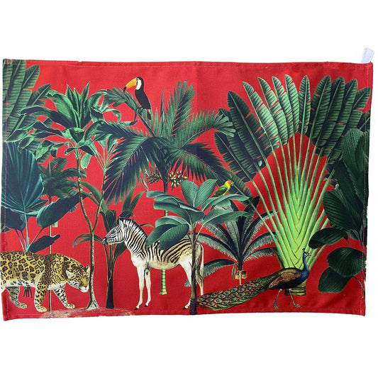 Menagerie Jungle Tea Towel Red on white background