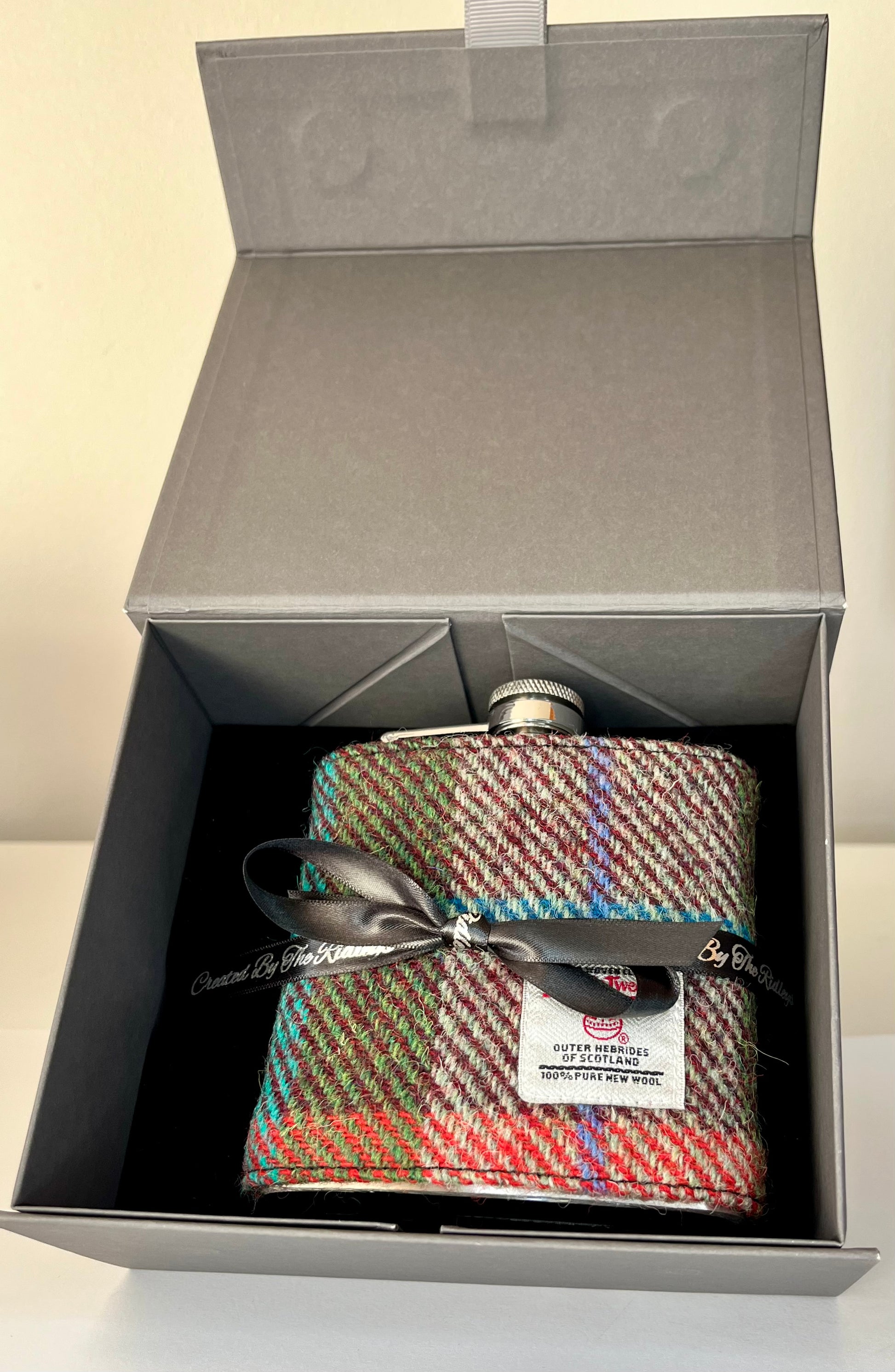 Green and Orange Harris Tweed Hip Flask Gift Boxed