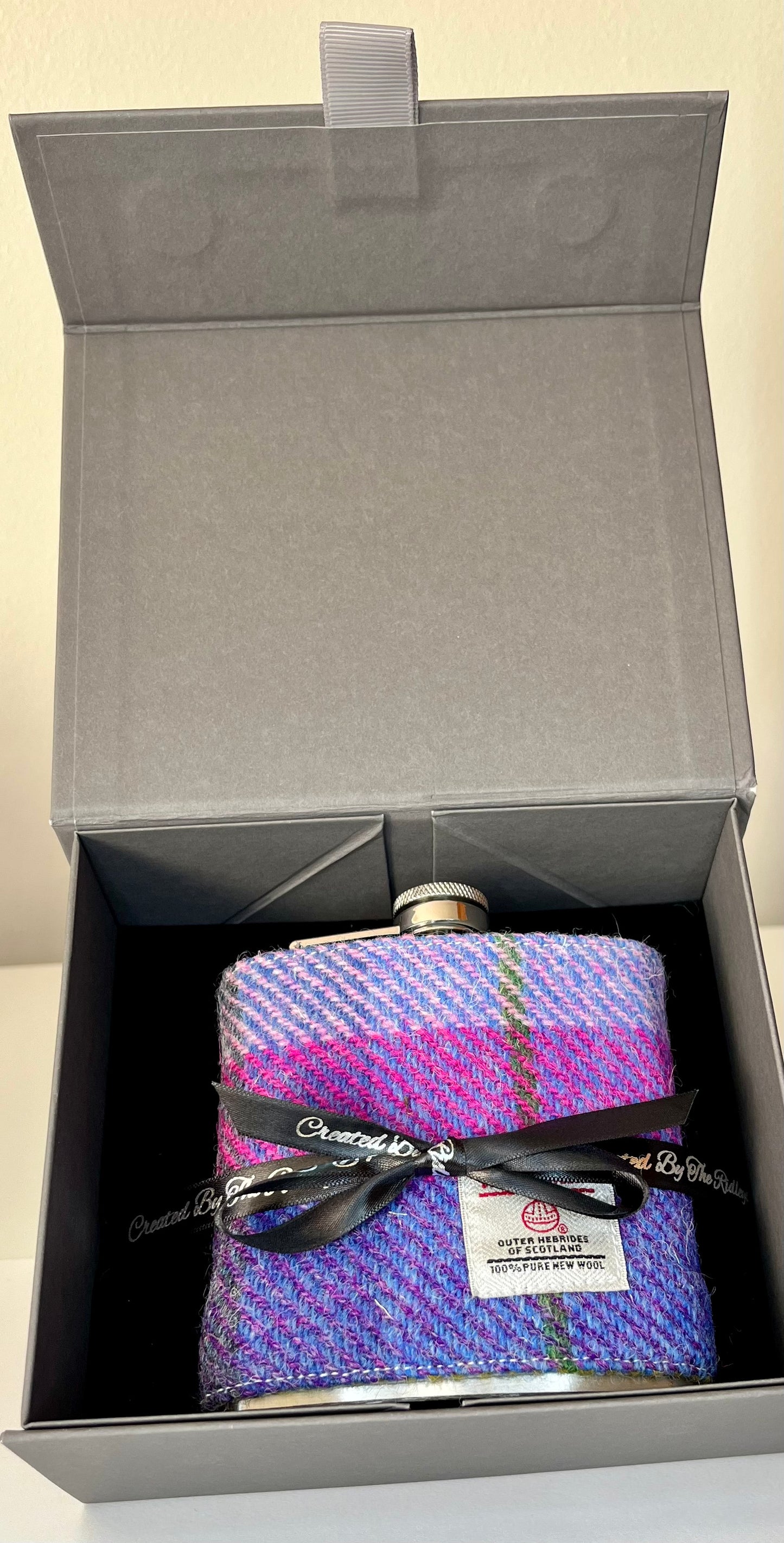 Purple Tartan Harri Tweed Hip Flask Gift Boxed