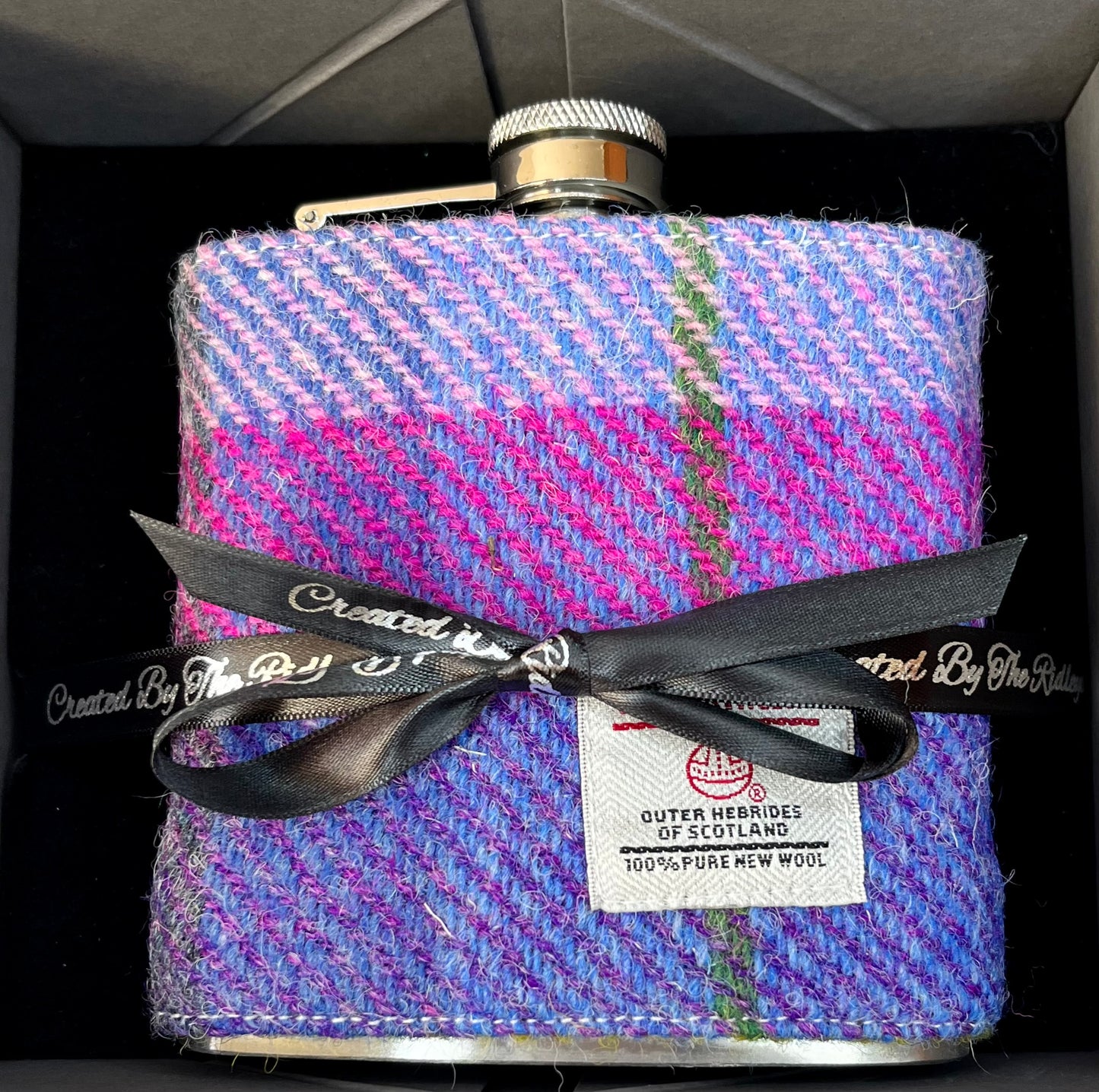 Gift Boxed Harris Tweed Hip Flask Purple Tartan
