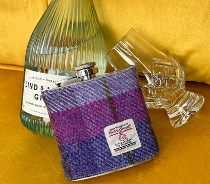 Purple Tartan Harris Tweed Hip Flask - Alternate Angle - Homeware Gift