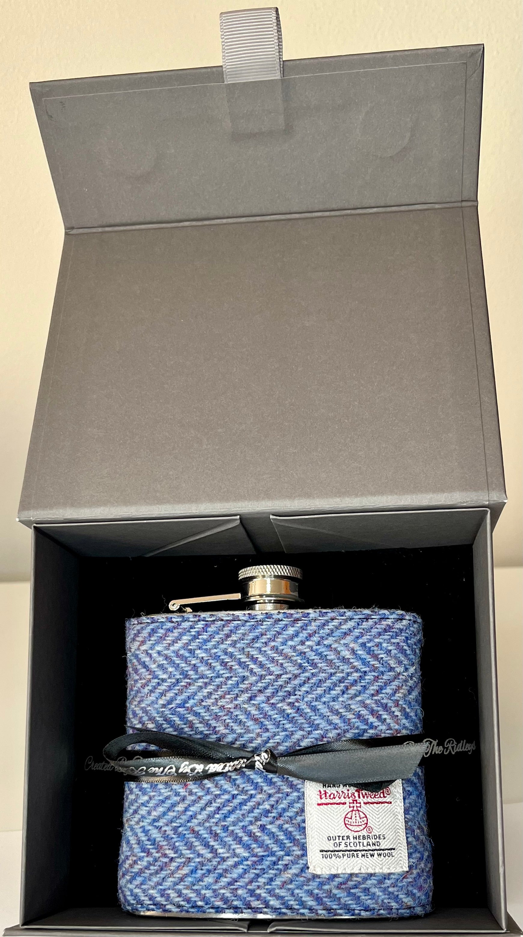 Gift Boxed Harris Tweed Hip Flask Blue Herringbone