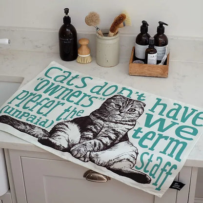 Teal Unpaid Staff Cat Tea Towel - Back View - Gift Idea