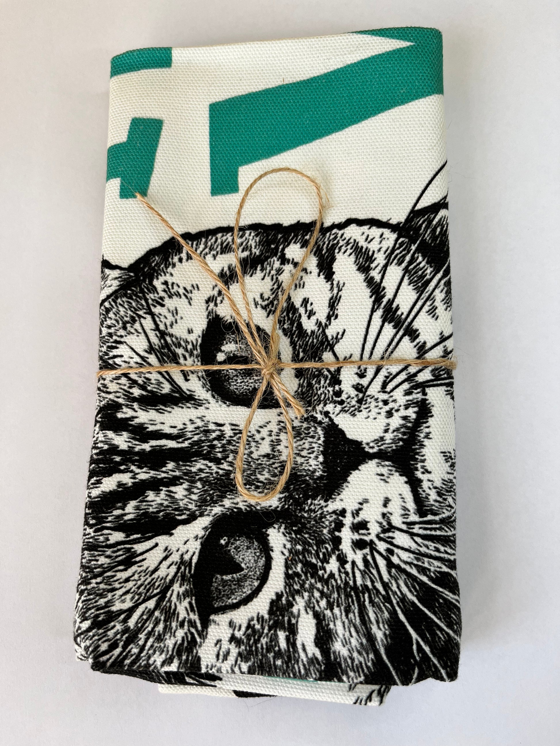 100% Cotton Black, White & Teal Funny Cat Tea Towel in Minimal Packaging