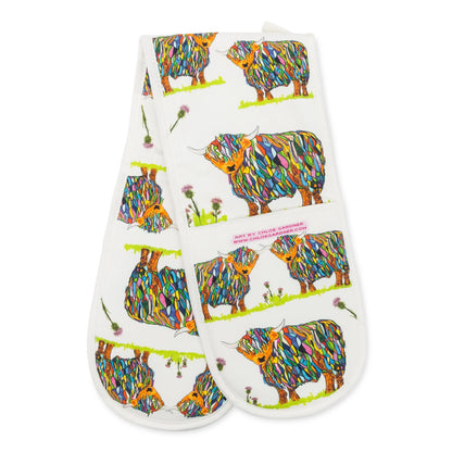 Repeat Bright Highland Cow Double Oven Glove On White - Folded - A Joyful Addition To Any Kitchen