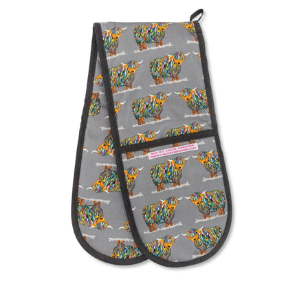 Repeat Bright Highland Cow Double Oven Glove On Grey - Folded - A Joyful Addition To Any Kitchen