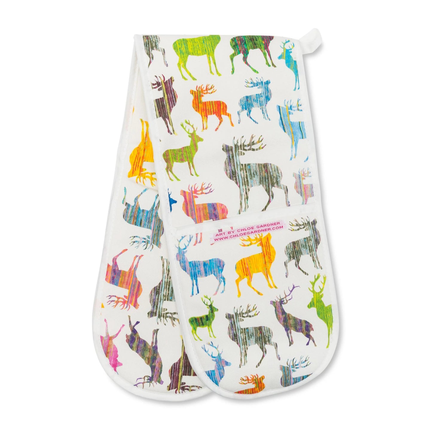 Colourful Stag Double Oven Glove (Multi) on white background.