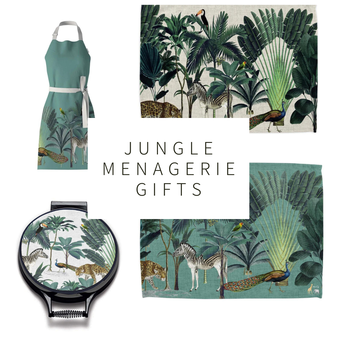 Collage of Exotic Jungle Gifts & Homeware including Menagerie Jungle Green Apron, Menagerie Jungle Green Tea Towel, Menagerie Jungle Ecru Tea Towel and Green Jungle Menagerie Chef's Pads with text which reads "Jungle Menagerie Gifts".