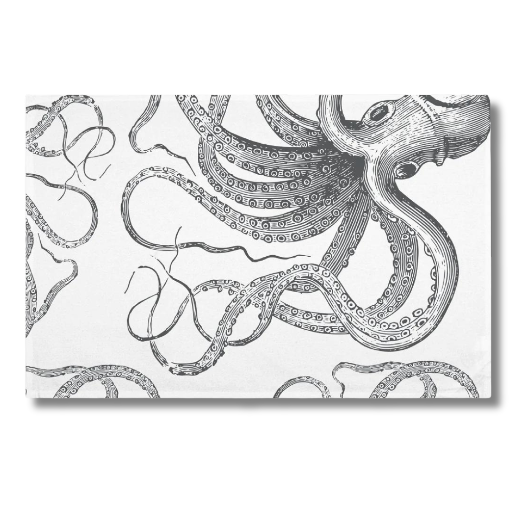 Black & White Octopus Kraken Tea Towel on white background.