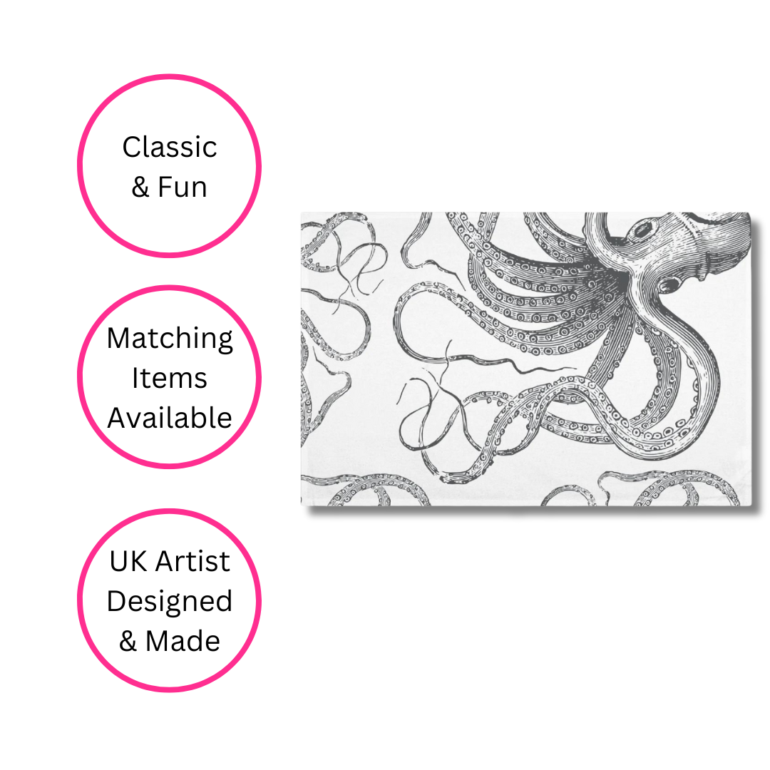 Black & White Octopus Kraken Tea Towel on white background with three pink discs highlighting the benefits, Classic & fun, matching items available and UK artist designed & made.