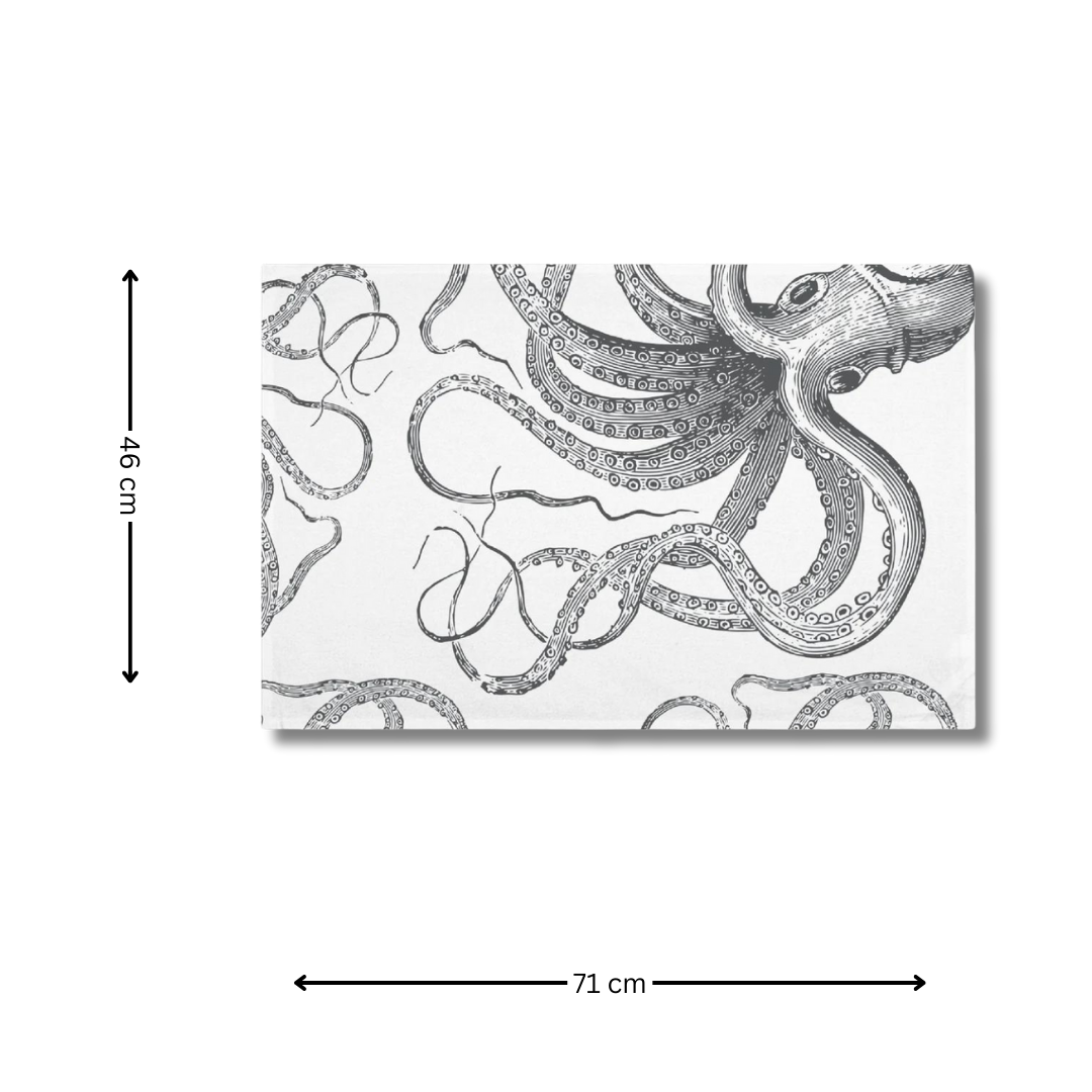 Black & White Octopus Kraken Tea Towel on white background with arrows indicating the measurements, 46 cm x 71 cm.