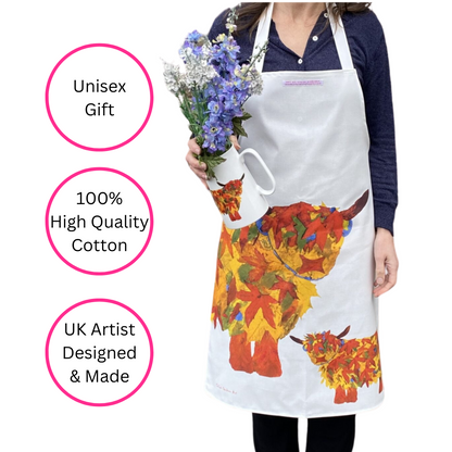 Autumn Leaf Highland Cow Apron - British Made - Quirky Detail