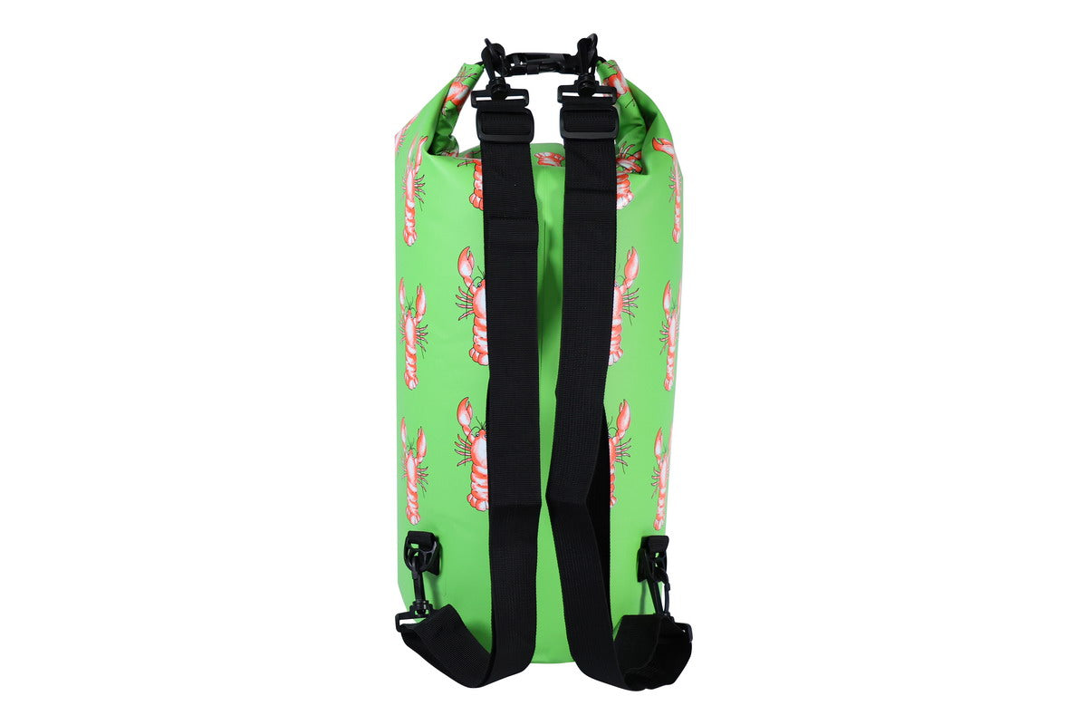 Lobster Swimming Dry Bag (Green) with backpack straps on white background.