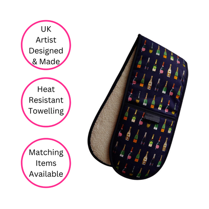 Navy Champagne Double Oven Glove - Made In Britain, Heat Resistant - Quirky Detail