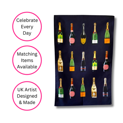 Navy Blue Champagne Tea Towel - Made In Britain - Quirky Detail