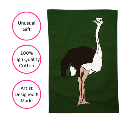 100% Cotton Green Ostrich Tea Towel - Uk Made - Quirky Detail