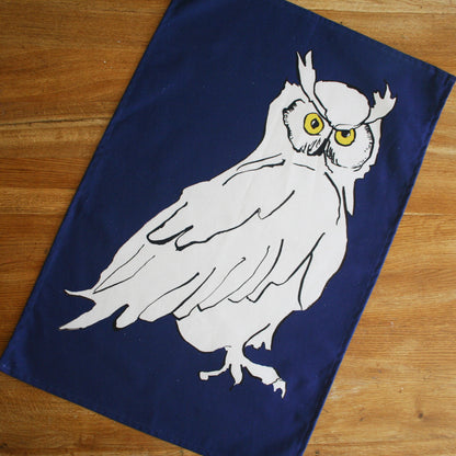100% Cotton Navy Blue Owl Tea Towel - Detail Shot - Colourful Close-up