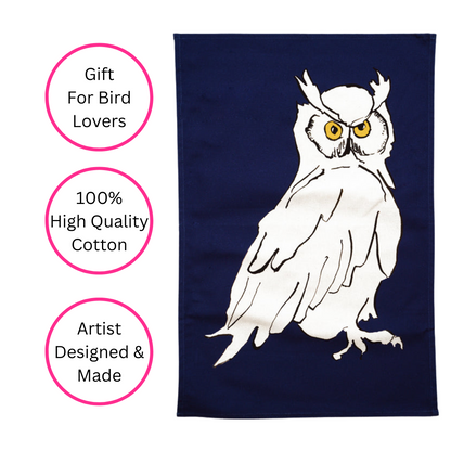 100% Cotton Navy Blue Owl Tea Towel - Side View - Quirky Detail