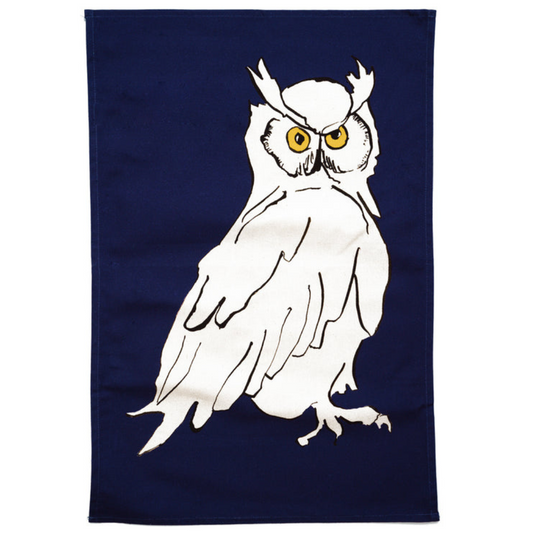 100% Cotton Navy Blue Owl Tea Towel on white background.