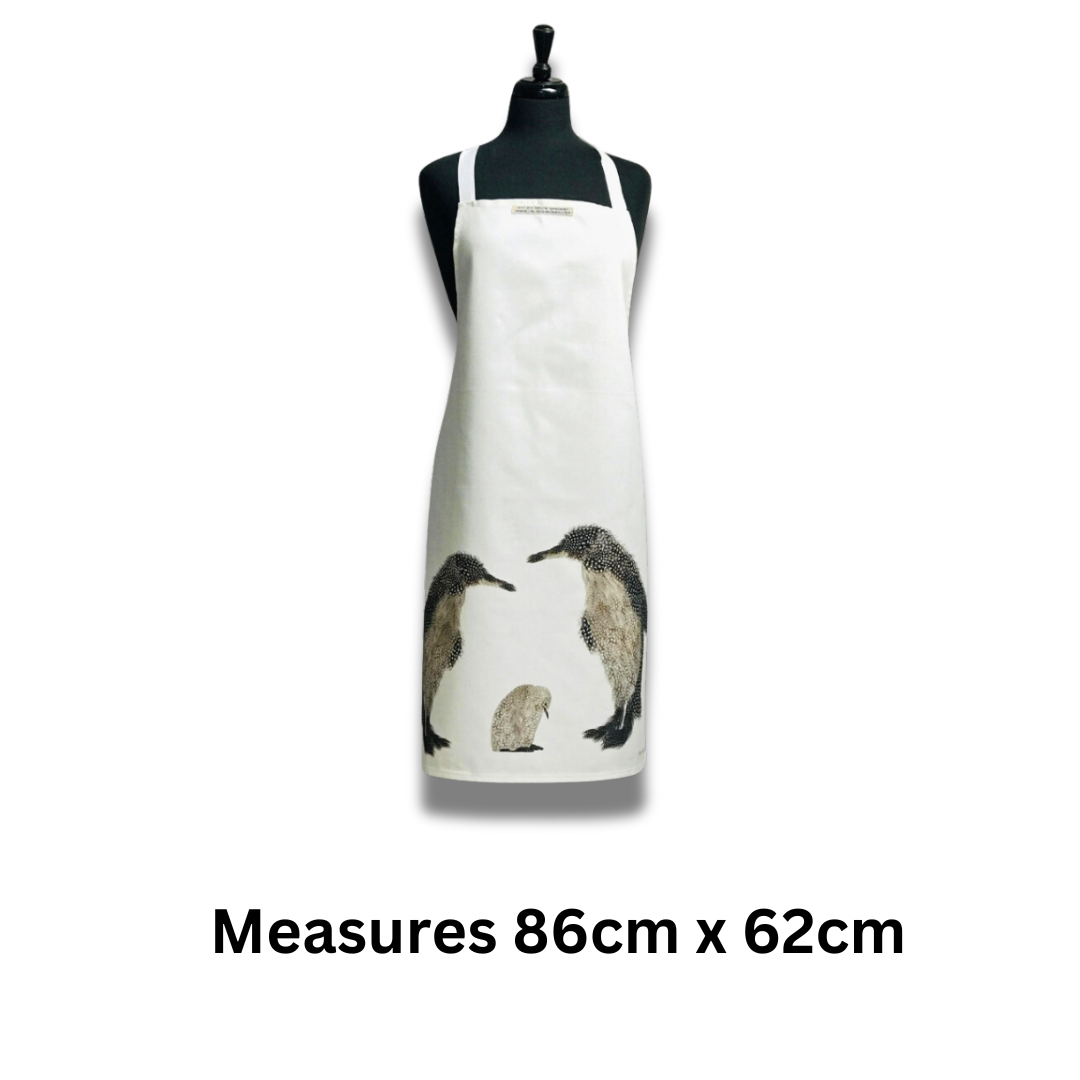 Grey Feather Penguin Pair & Baby Apron on white background with text which reads "measures 86 cm x 62 cm".