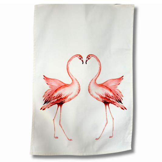 Pink Flamingo Tea Towel on white background.