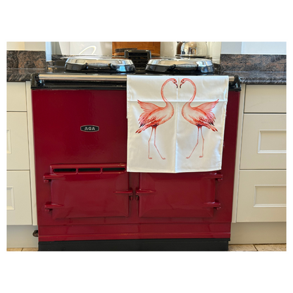 Pink Flamingo Tea Towel On Claret Red AGA.  Thoughtful gift.  