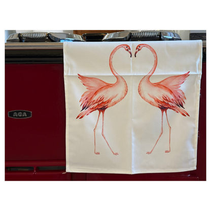 Pink Flamingo Tea towel on Claret Red AGA, Close Up View.  Beautiful Gift For Flamingo Lover.  