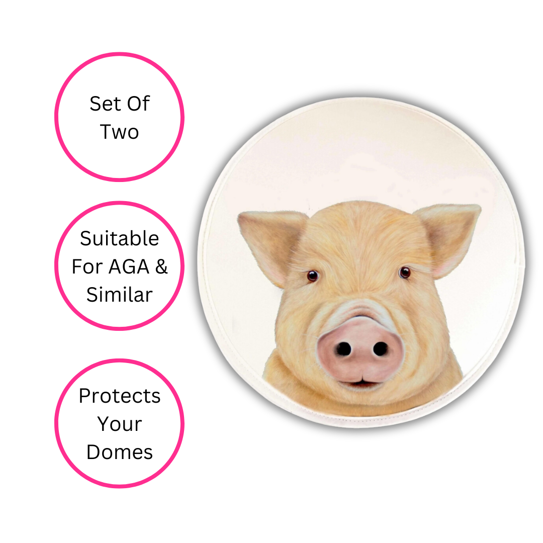 Porky Pig chef's Pads For AGA, single pad on white background with three discs highlighting the benefits, set of two, suitable for AGA & Similar and protects your domes