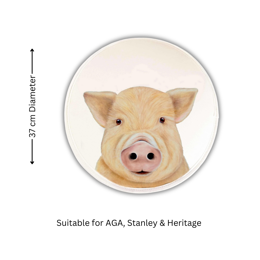 Porky Pig Chef's Pads For AGA, single pad on white background with text and arrows to highlight that they are 37 cm in diameter and text that says "suitable for AGA, Stanley & heritage"