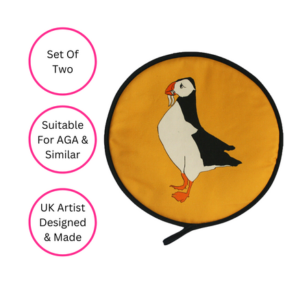 Mustard Yellow Puffin Chef's Pads For Aga - Side View - Quirky Detail