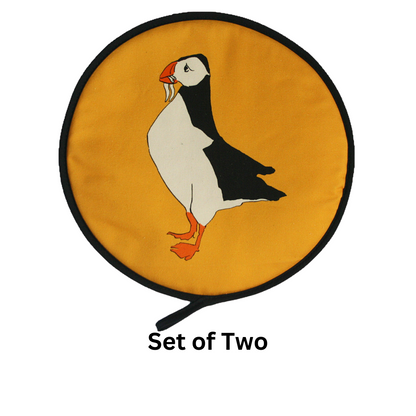 Mustard Yellow Puffin Chef's Pads For Aga - Detail Shot - Colourful Close-up