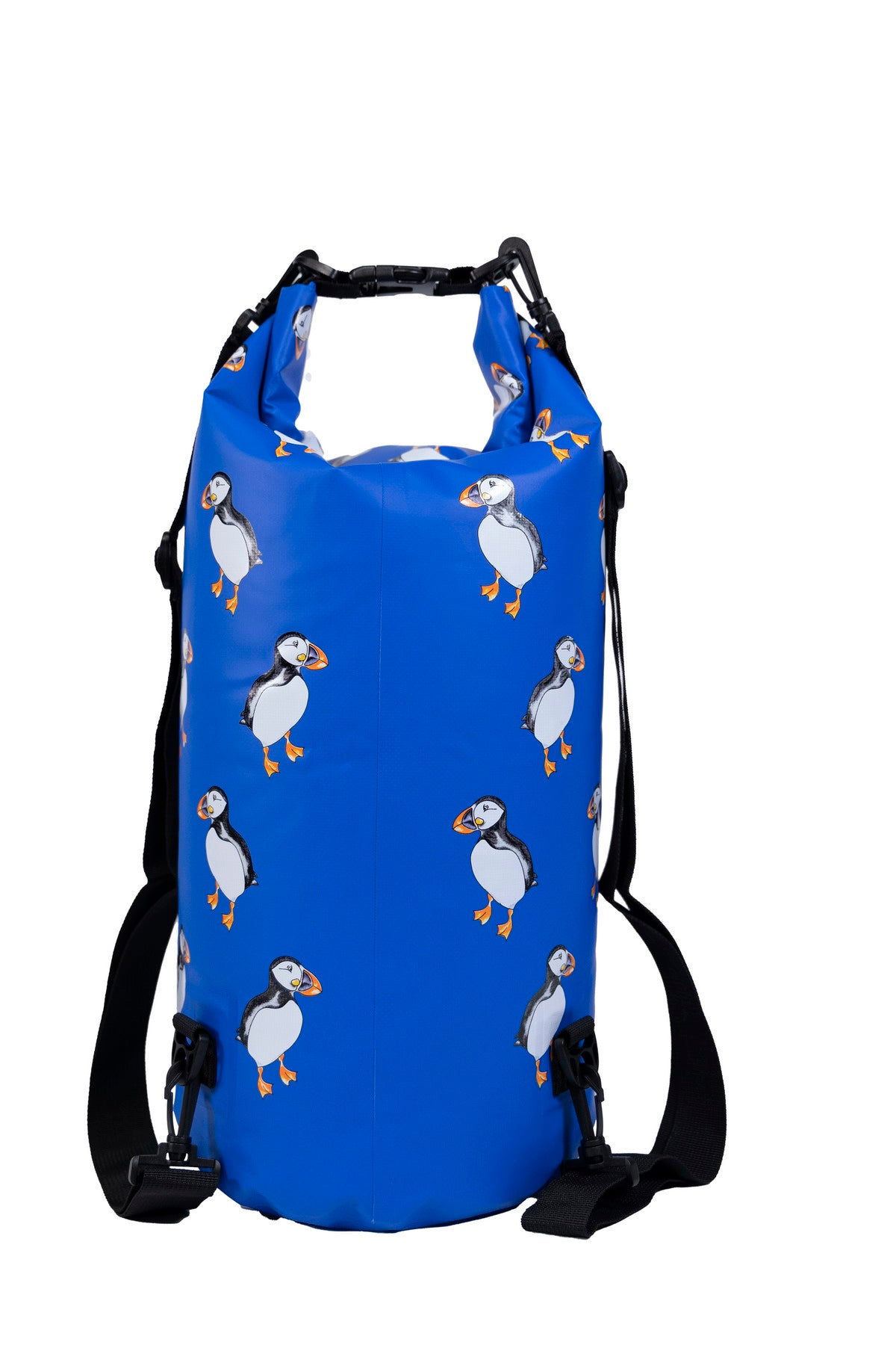 Puffin Swimming Dry Bag with backpack straps on white background.  