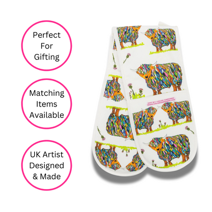 Repeat Bright Highland Cow Double Oven Glove On White - British Made - Quirky Detail